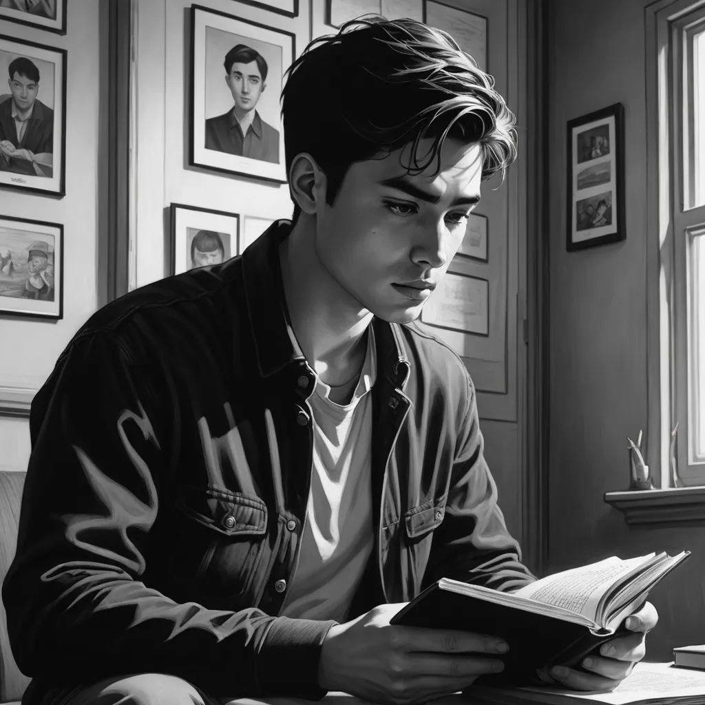a man sitting at a table reading a book in a room with pictures on the wall and a window, photorealism, an ultrafine detailed painting, David Park, photorealistic portrait