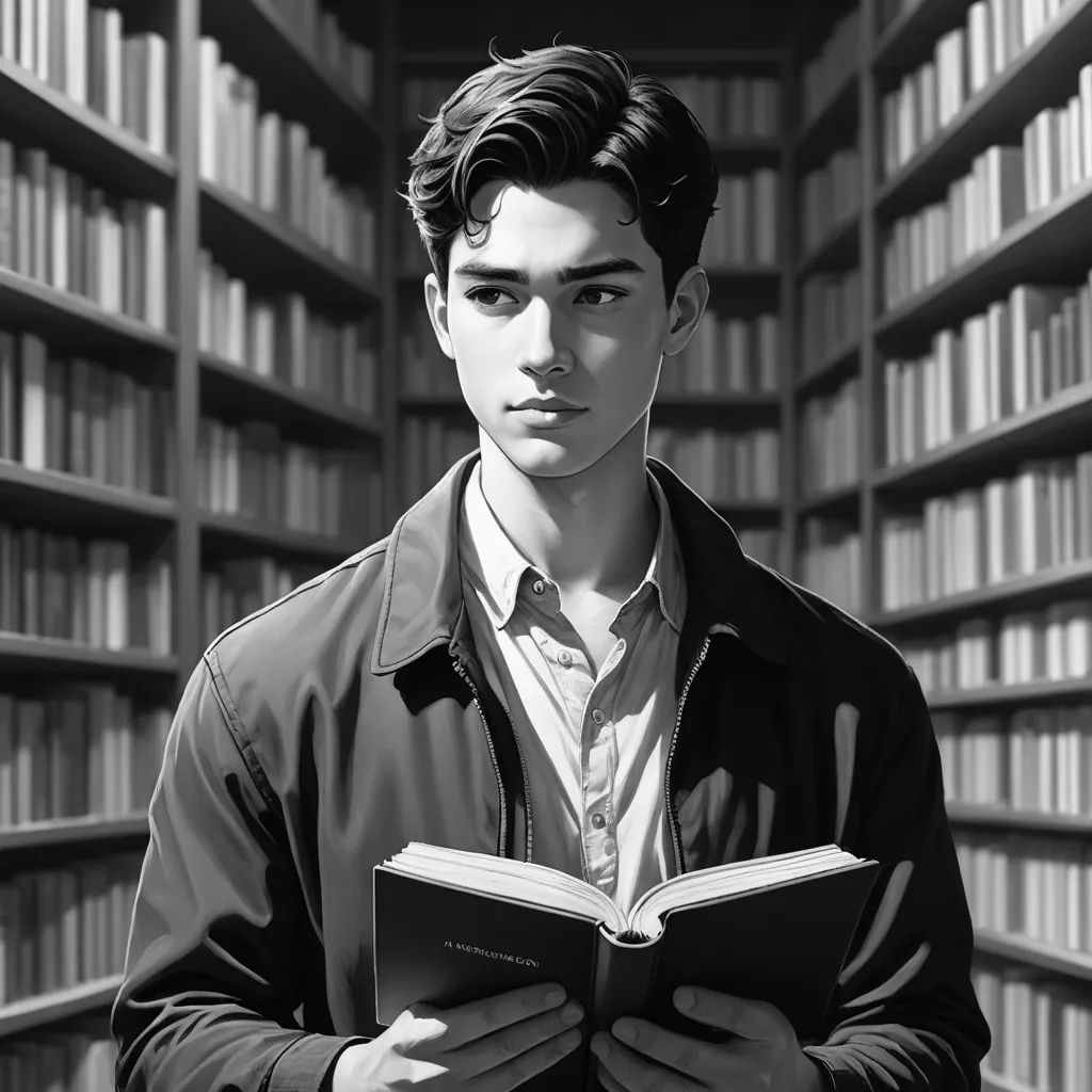a man standing in front of a book shelf holding a book in his hands and looking at the camera, photorealism, a photorealistic painting, Everett Warner, ultra realistic illustration