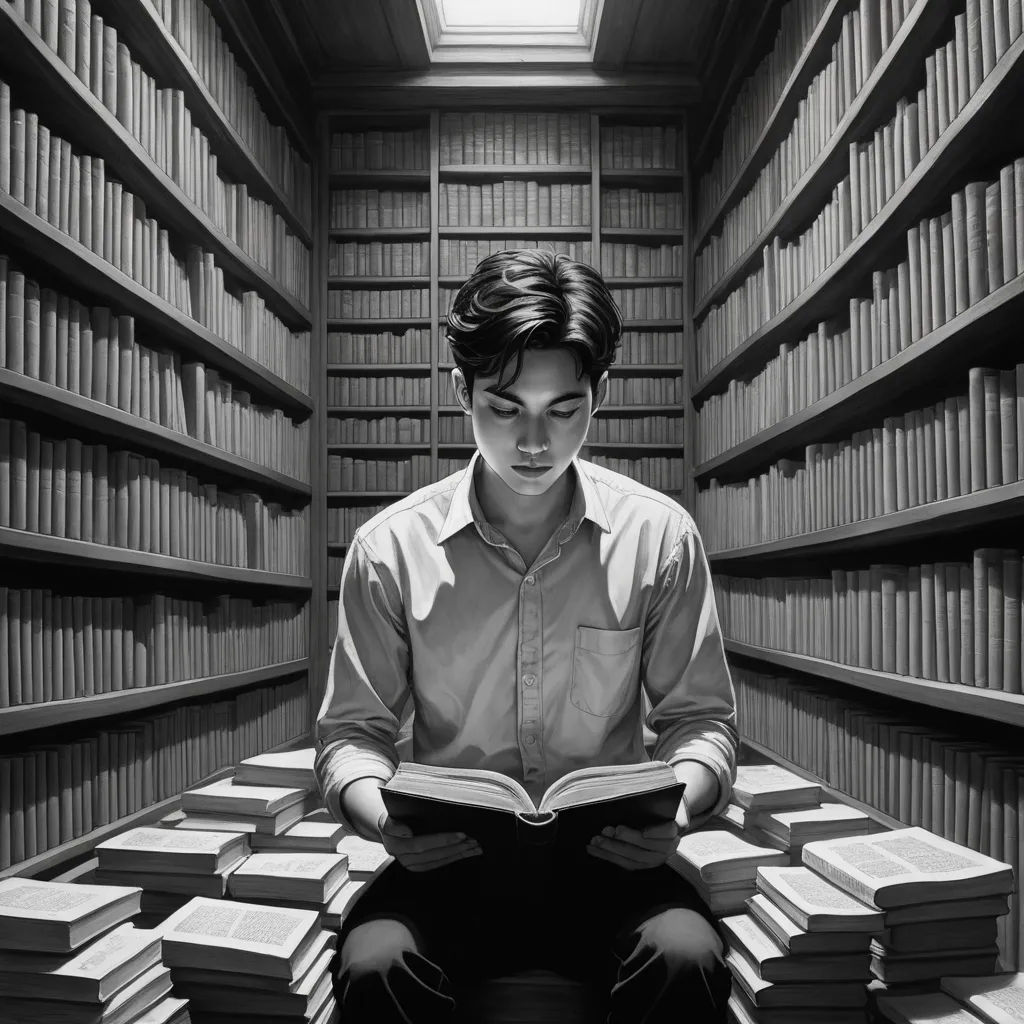 a man sitting on a bench in a library reading a book and looking at the camera with a lot of books on the shelves, hyperrealism, a photorealistic painting, Choi Buk, hyper real