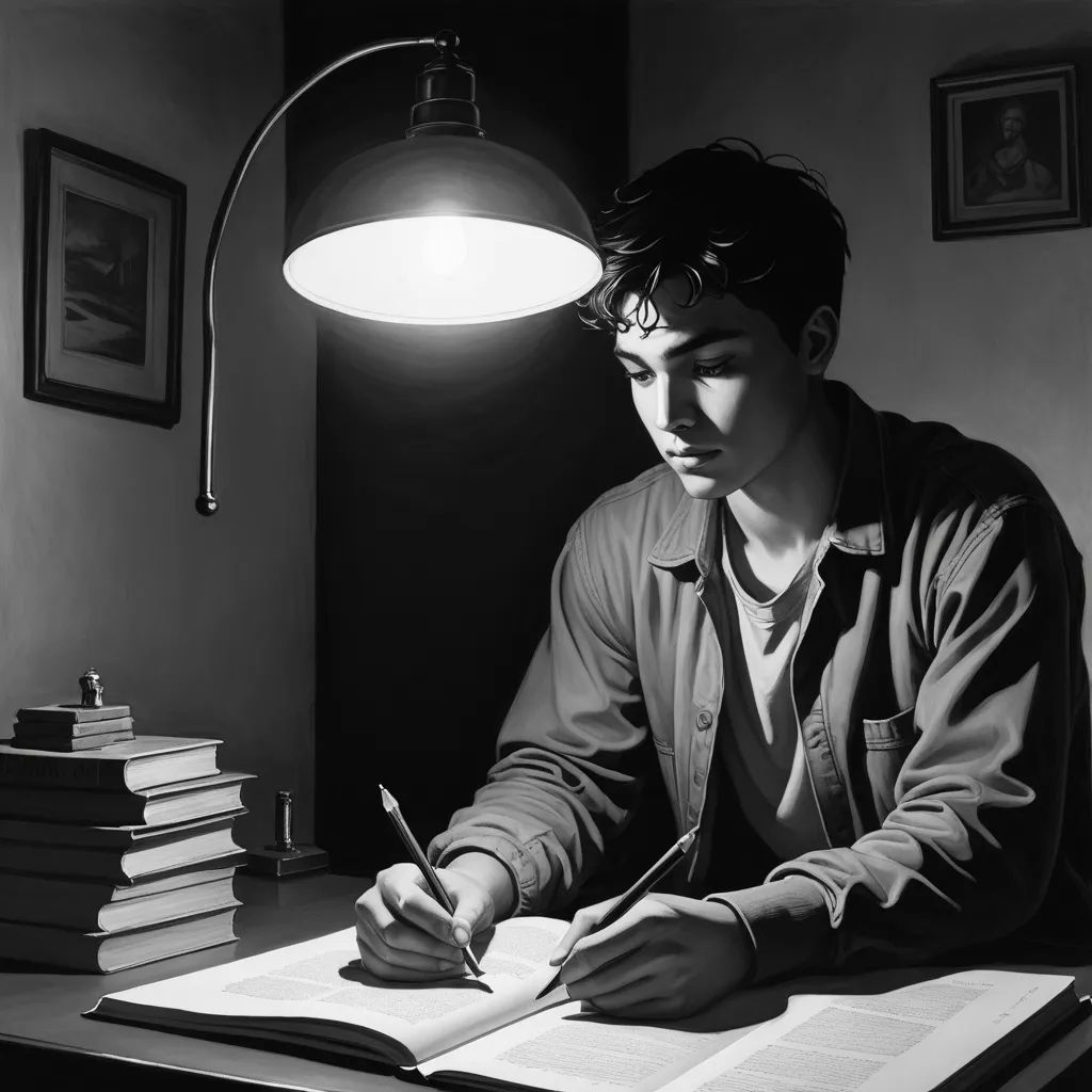 a man sitting at a desk with a book and pen in his hand and a lamp above him and a stack of books on the desk, figurative art, an ultrafine detailed painting, David Palumbo, photorealistic portrait