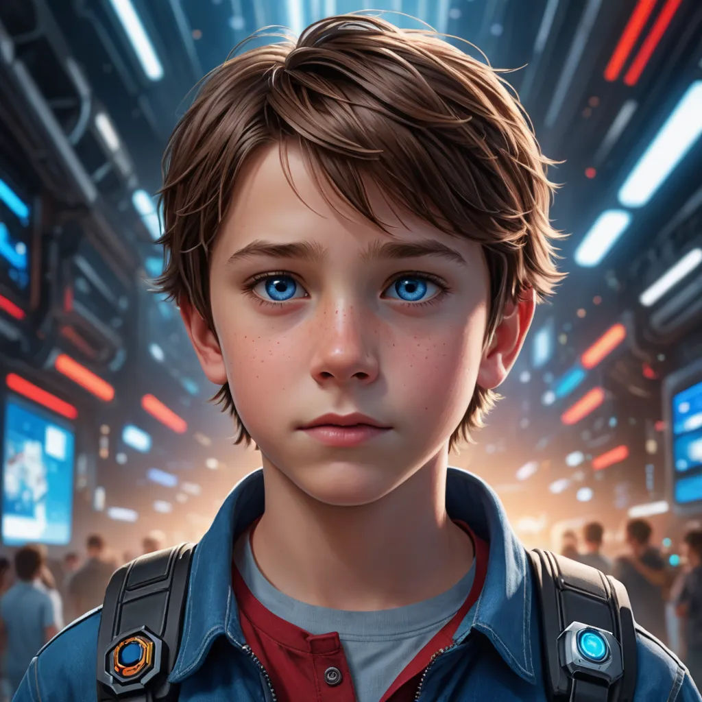 a boy with a blue eyes and a blue jacket on in a sci - fi setting with people in the background, sots art, poster art, Aaron Jasinski, cgstudio
