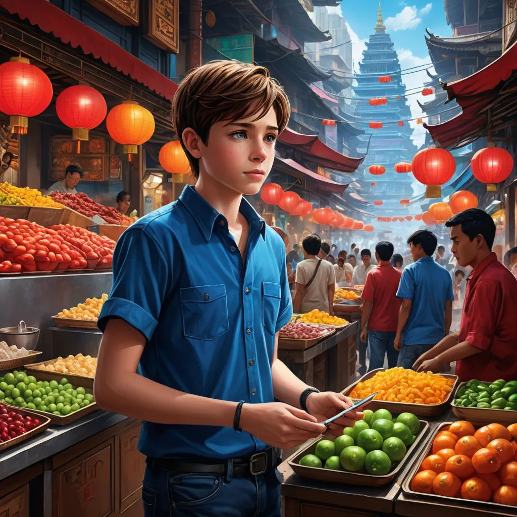 a boy is holding a tray of fruit in a market with other people in the background and lanterns hanging above, photorealism, a detailed matte painting, Chris LaBrooy, kinkade