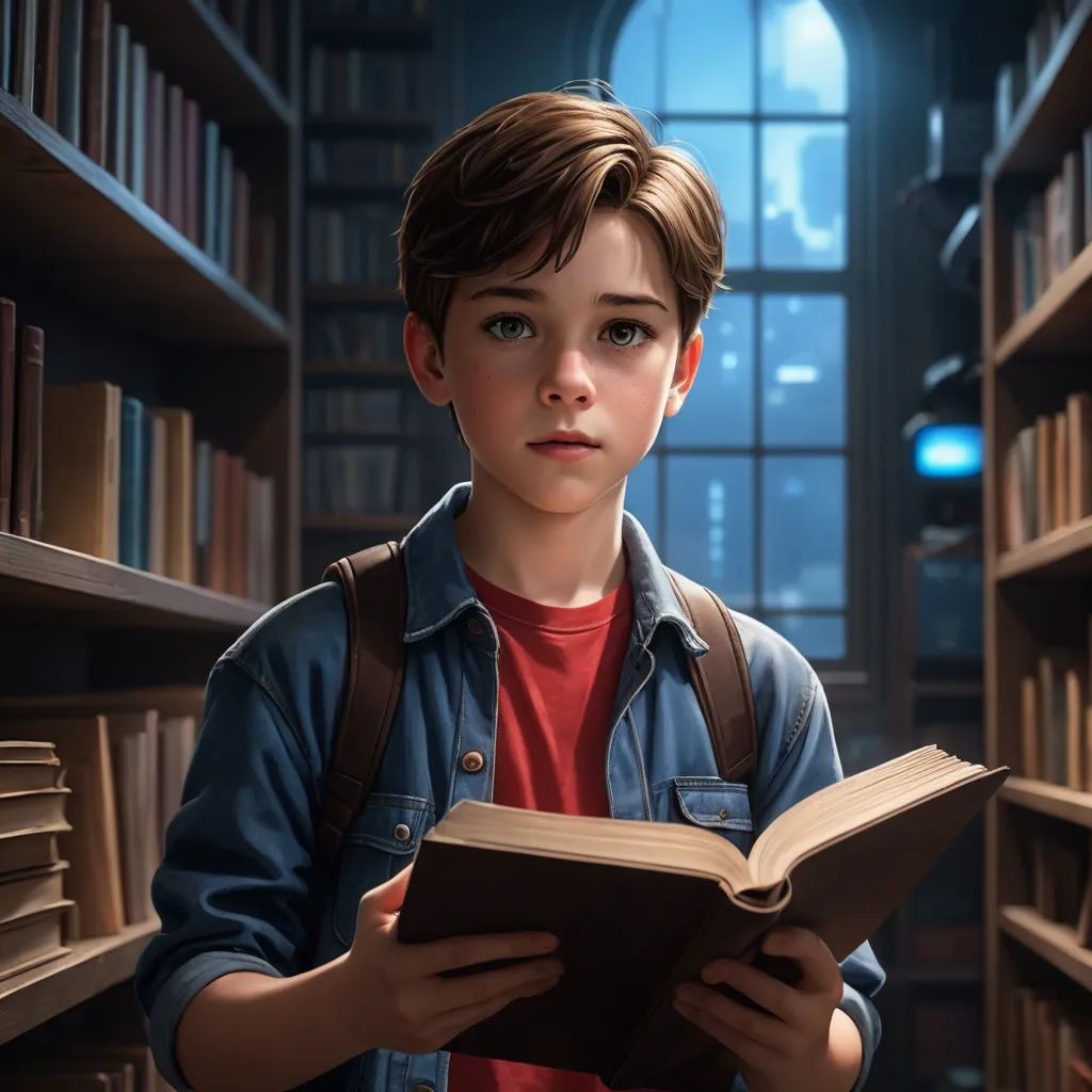 a boy reading a book in a library with a window in the background and bookshelves in the foreground, photorealism, a detailed painting, Aaron Jasinski, rossdraws global illumination