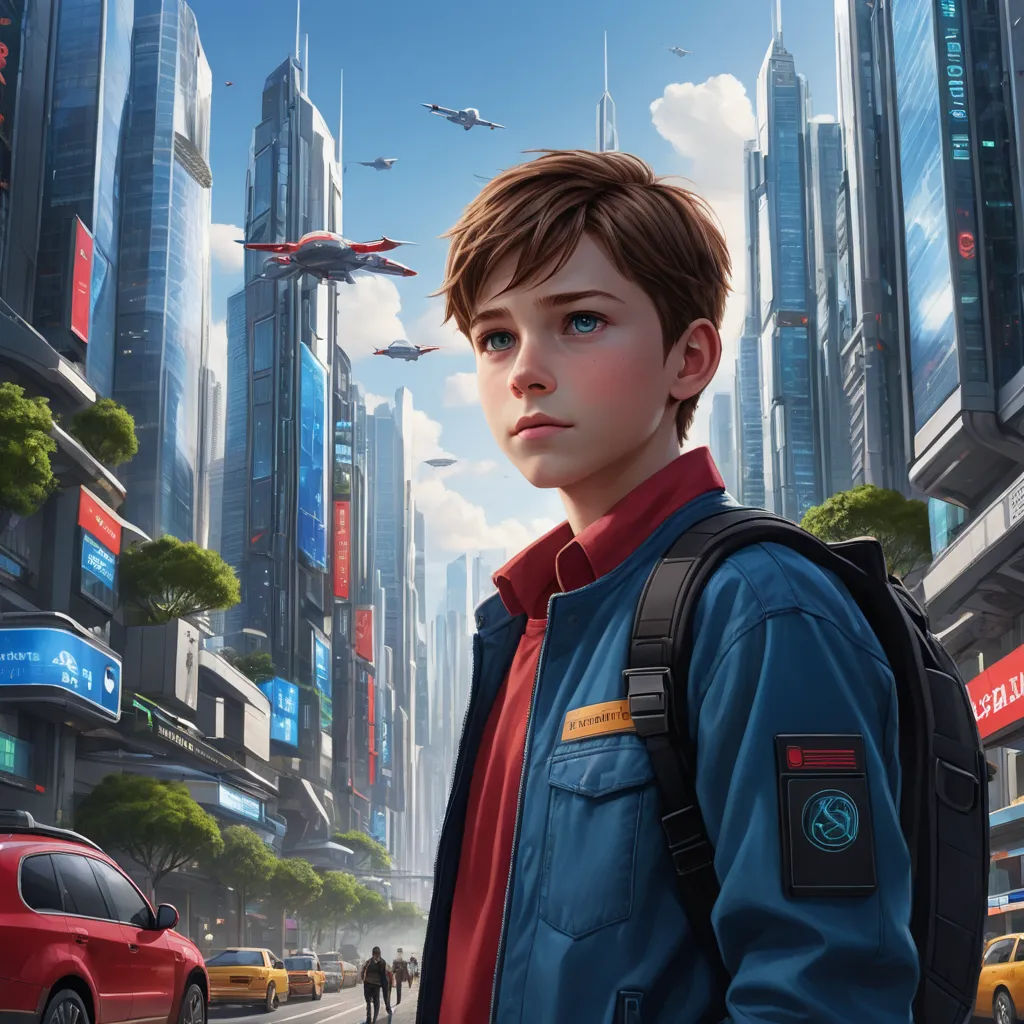 a boy in a blue jacket standing in front of a cityscape with a red car and a red car, retrofuturism, a detailed matte painting, Clint Cearley, stanley artgerm lau