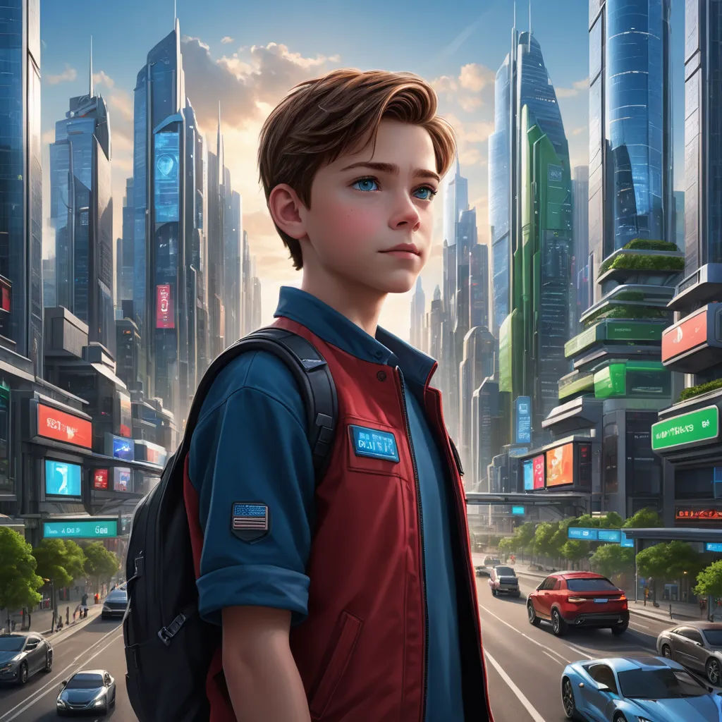 a boy in a red vest standing in front of a cityscape with a red backpack on his back, retrofuturism, a detailed matte painting, Beeple, rossdraws global illumination