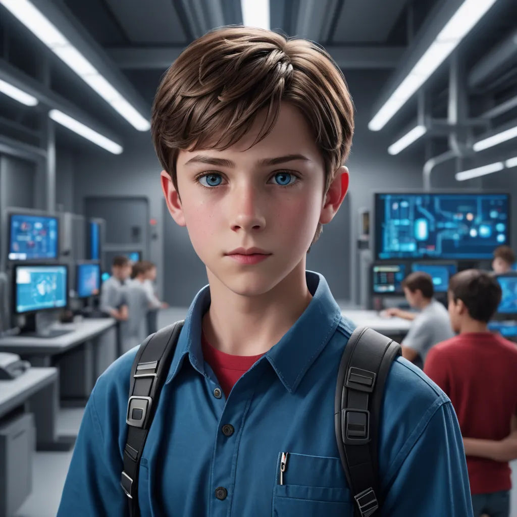 a boy in a blue shirt and suspenders in a room with computers and people in the background,, sots art, a computer rendering, Adam Rex, cgstudio
