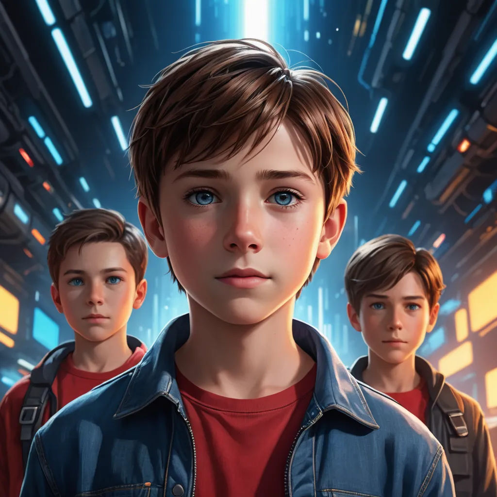 a boy in a red shirt and some other boys in a blue jacket and red shirt and a blue light, sots art, concept art, Brothers Hildebrandt, key art