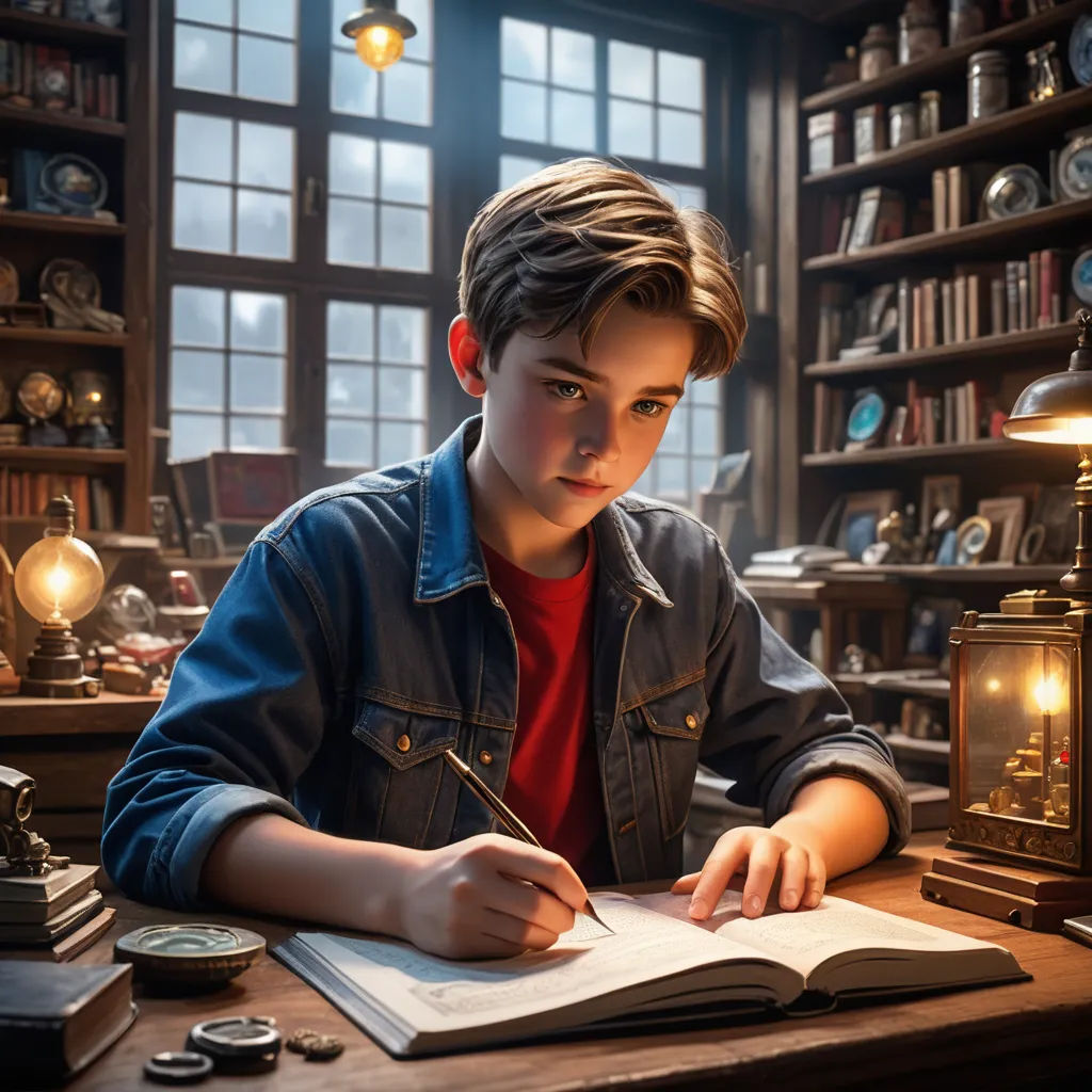 a boy is sitting at a desk writing in a book and a lamp is on the table behind him, photorealism, a storybook illustration, Chris LaBrooy, rossdraws global illumination