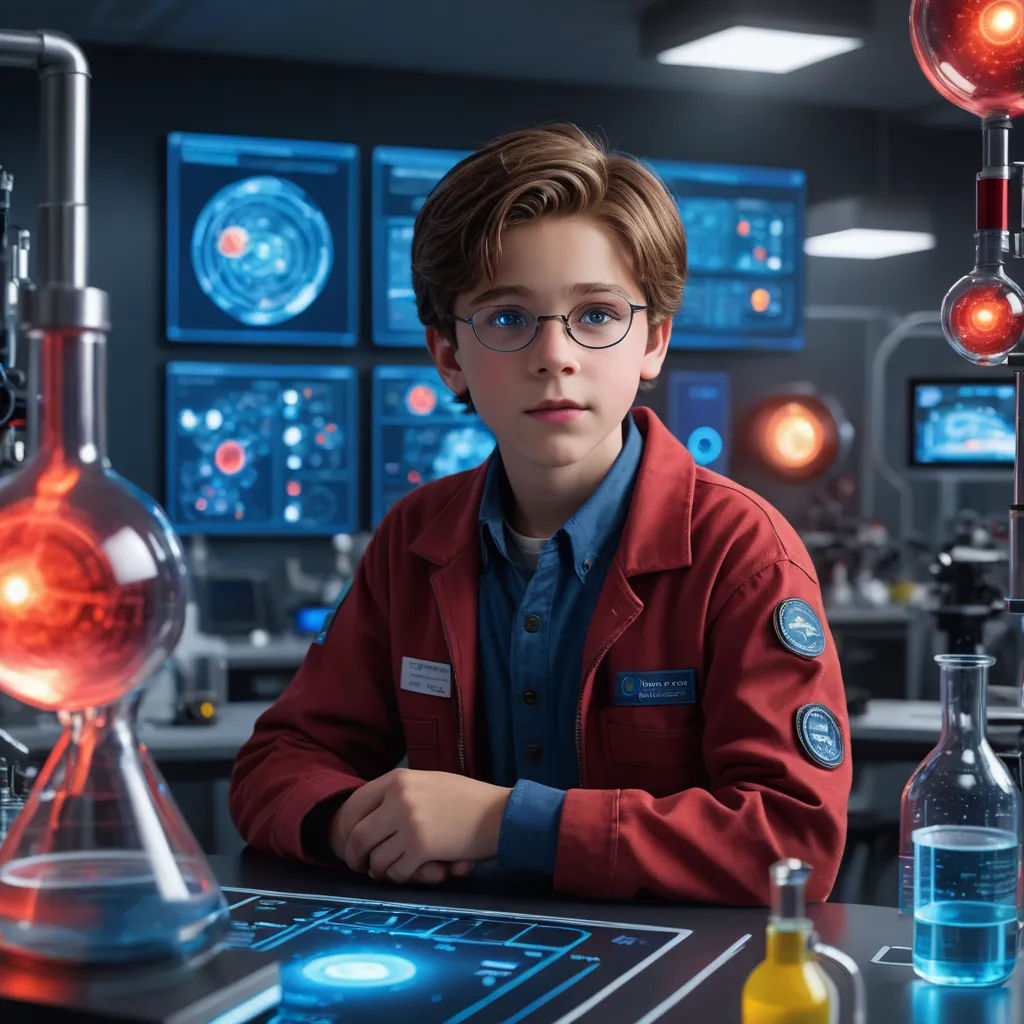a boy in a lab coat sitting at a table with a laptop and a lot of bottles and beakers, les automatistes, a hologram, Chris LaBrooy, promotional image