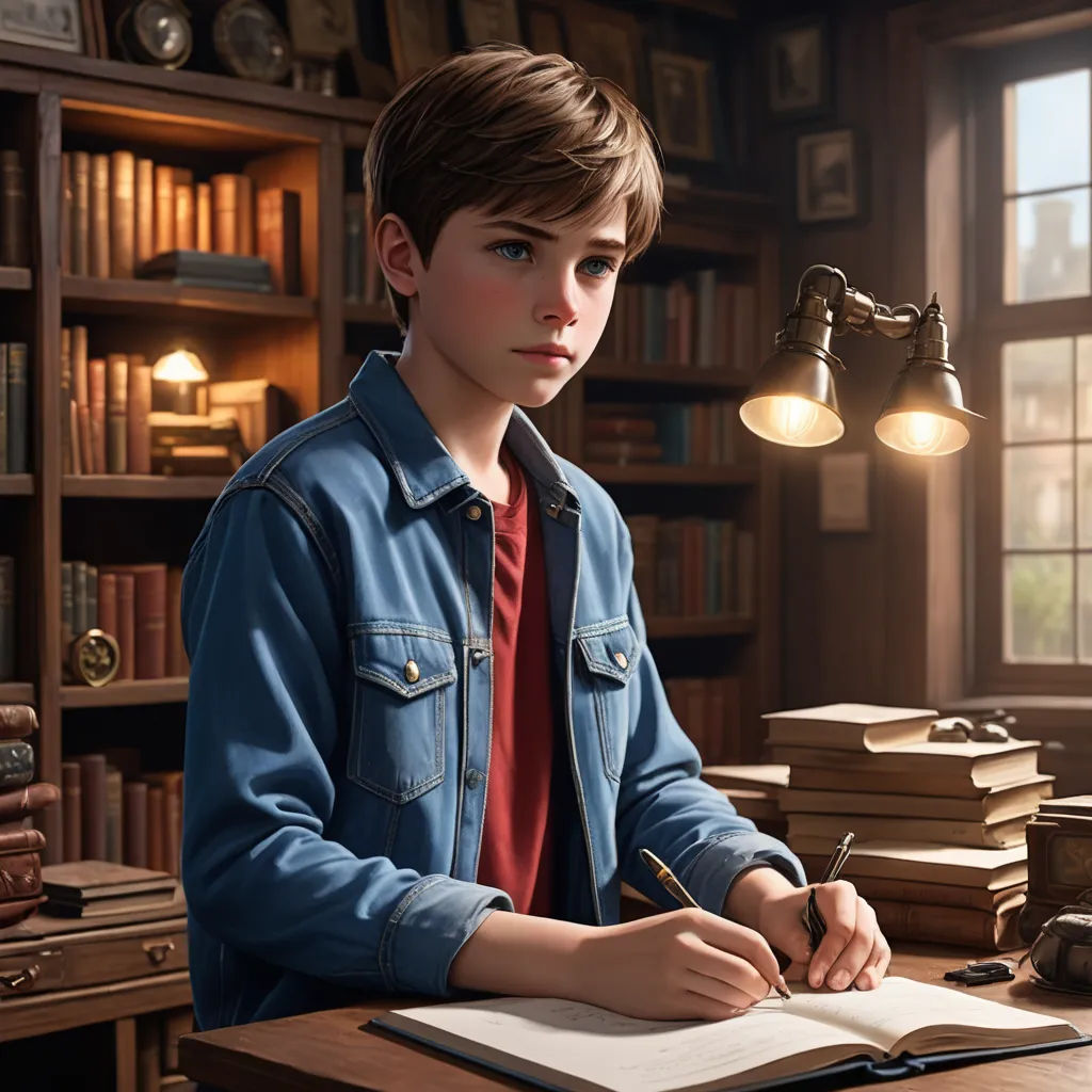 a boy sitting at a desk with a book and pen in his hand and a lamp above him and a bookcase in the background, photorealism, a storybook illustration, Chris LaBrooy, cgstudio