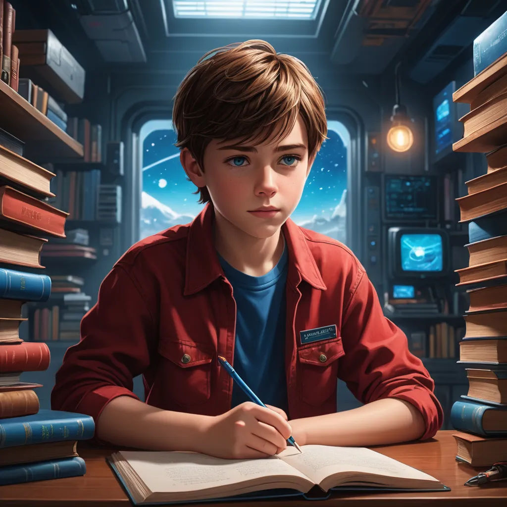 a boy sitting at a desk with a book and pen in his hand and a book on the desk, fantasy art, a storybook illustration, Aaron Jasinski, stanley artgerm lau