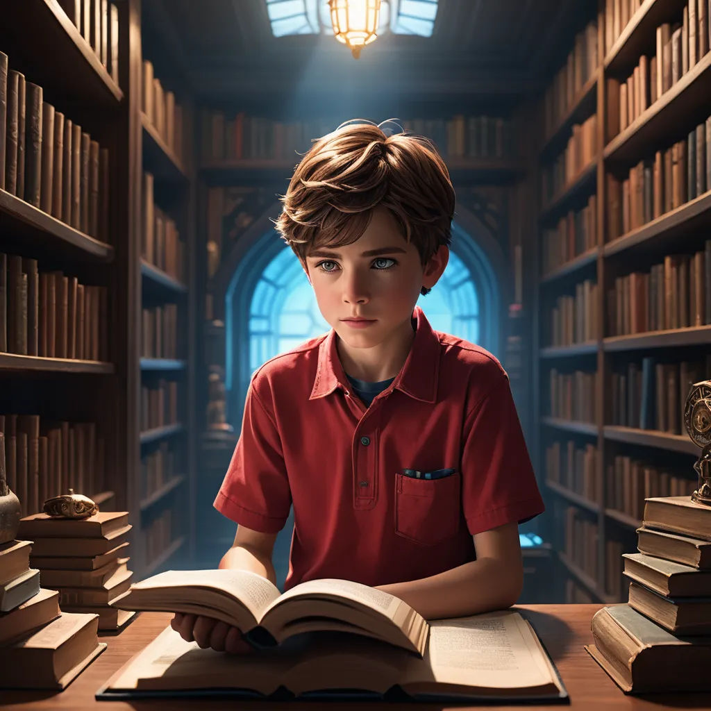 a boy sitting at a table with a book in front of him and a lamp above him in a library, photorealism, a storybook illustration, Alejandro Burdisio, unreal 5 render