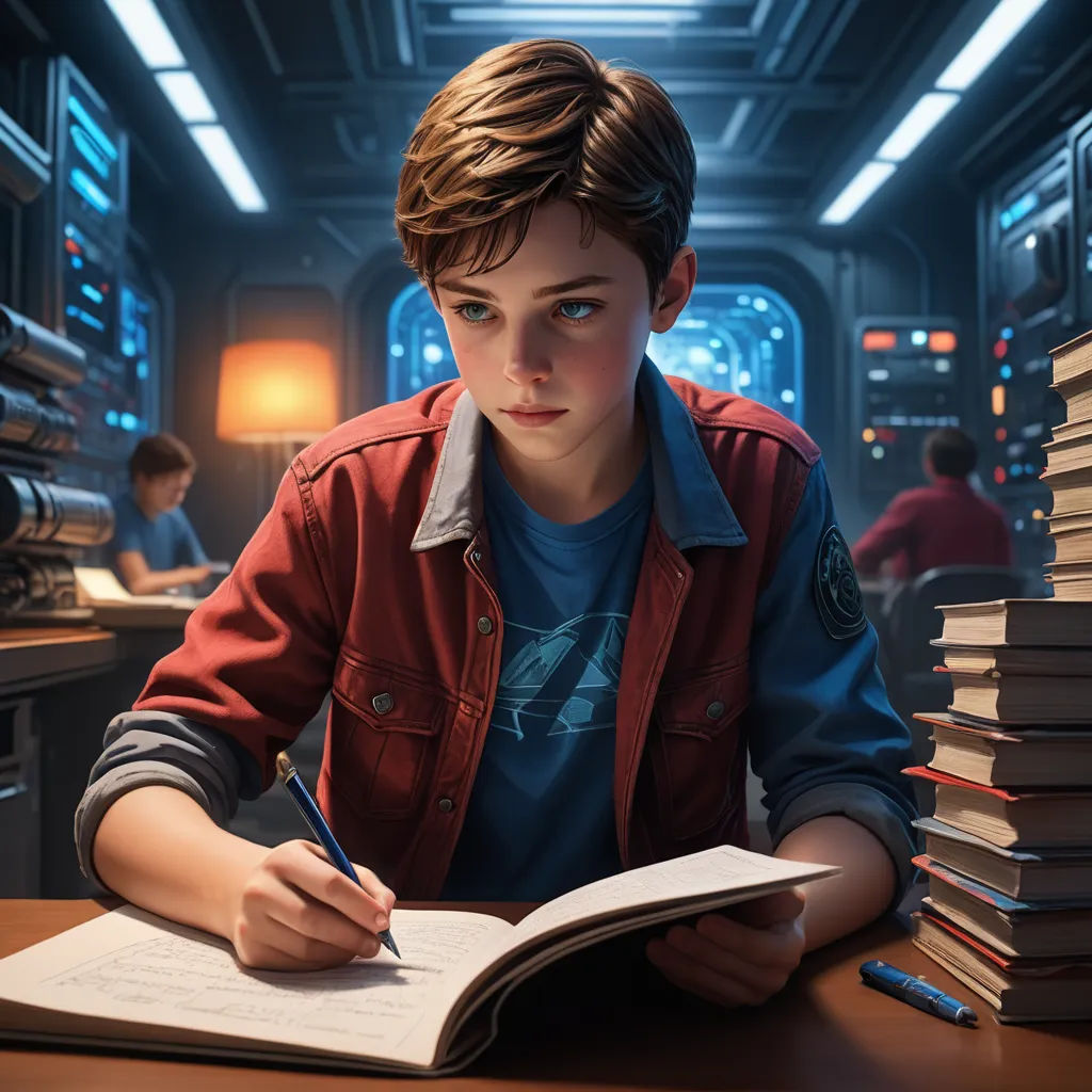 a boy sitting at a table with a book and pen in his hand and a stack of books in front of him, photorealism, a detailed matte painting, Chris LaBrooy, cgstudio