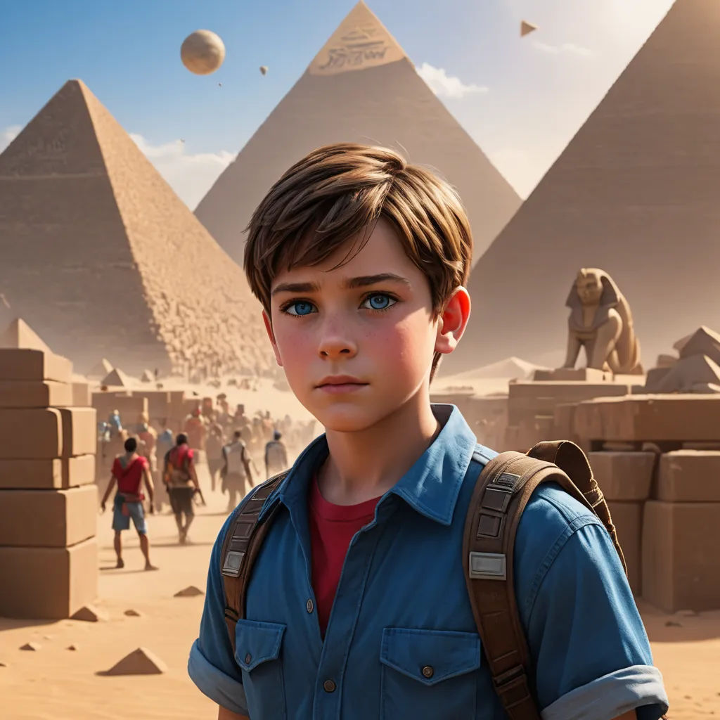 a boy in a blue shirt and a backpack in front of a pyramids and a desert with a dog, photorealism, computer graphics, Cedric Seaut (Keos Masons), promotional image