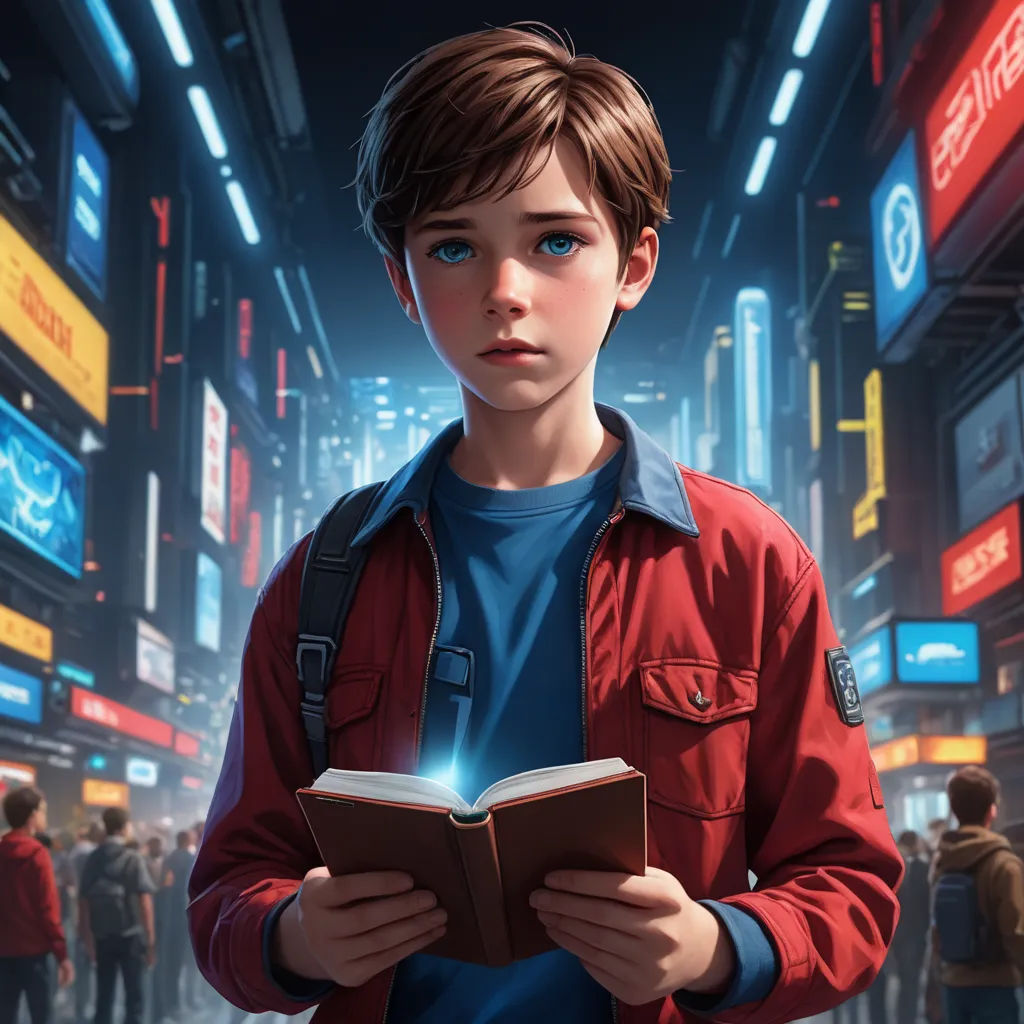 a boy is reading a book in a city at night with neon lights and neon signs on the buildings, fantasy art, poster art, Aaron Jasinski, rossdraws global illumination