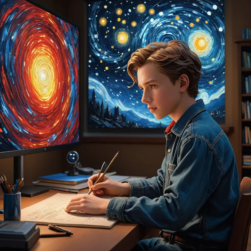 a boy is sitting at a desk writing on a notepad and a painting of a spiral galaxy is behind him, computer art, computer graphics, Chris LaBrooy, professional digital painting