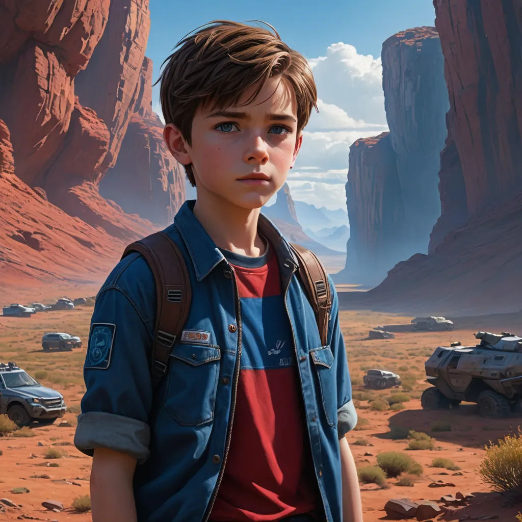 a boy in a blue jacket standing in a desert area with a car in the background and a mountain in the background, photorealism, a detailed matte painting, Alejandro Burdisio, dan mumford. octane render