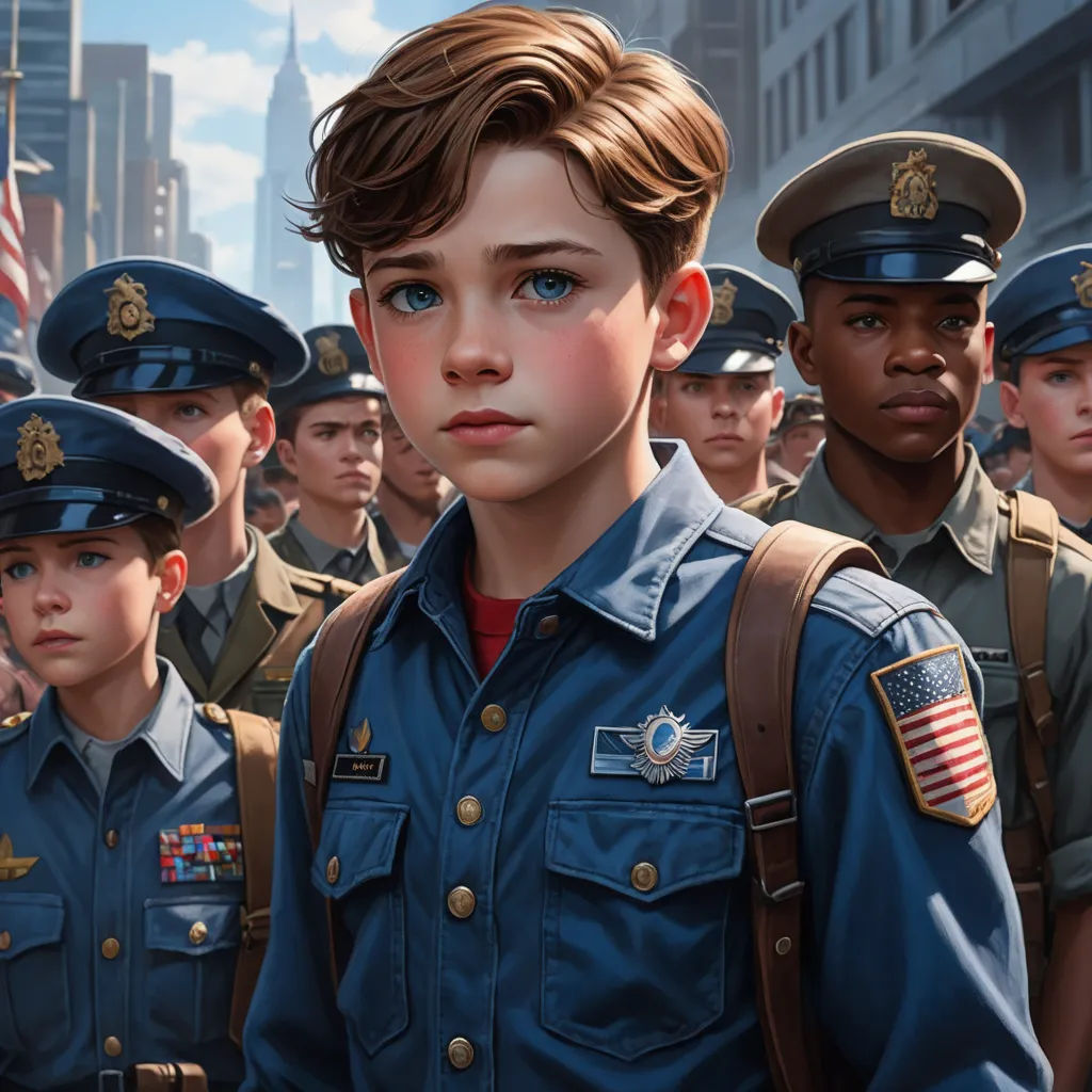 a group of children in uniform standing in a line in front of a crowd of people in the city, american realism, a hyperrealistic painting, Aaron Jasinski, cushart krenz