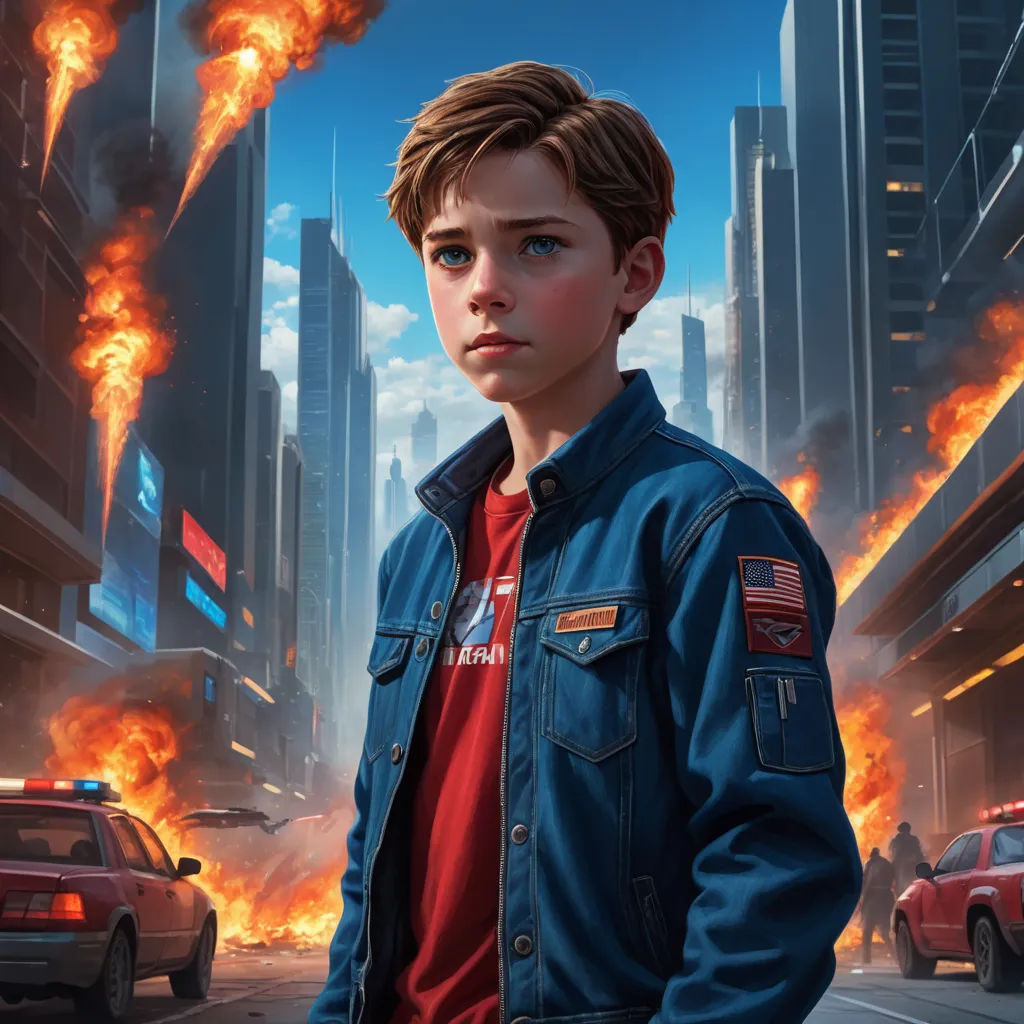 a boy in a blue jacket standing in front of a city street with a fire coming out of the sky, sots art, poster art, Aaron Jasinski, key art