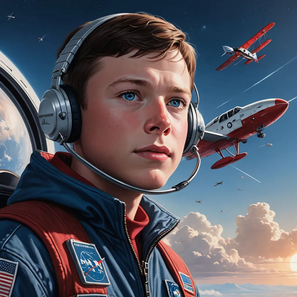 a boy in a space suit with headphones on looking at the sky with a plane in the background, retrofuturism, poster art, Aaron Jasinski, highly detailed digital painting