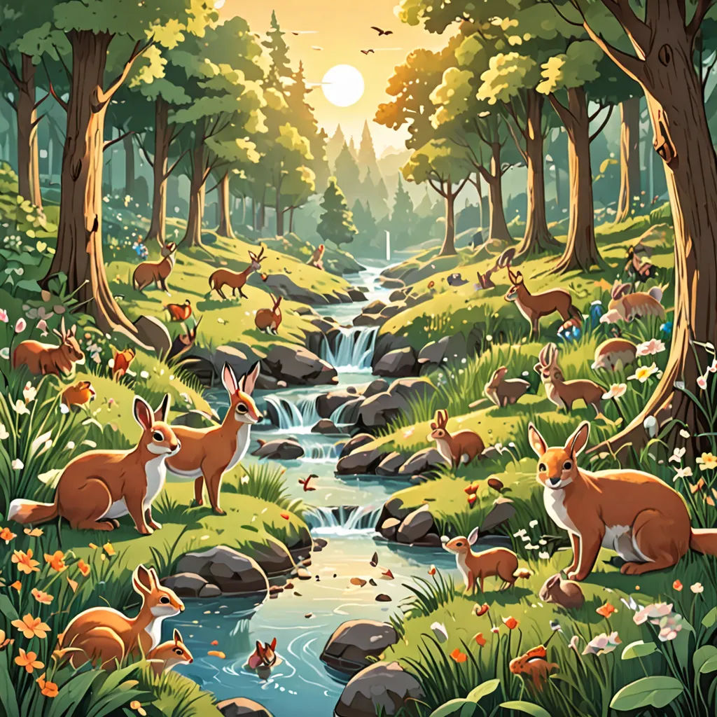 a painting of a forest with deer and a stream of water in the foreground and a sun in the background, environmental art, a storybook illustration, Dan Mumford, rossdraws global illumination