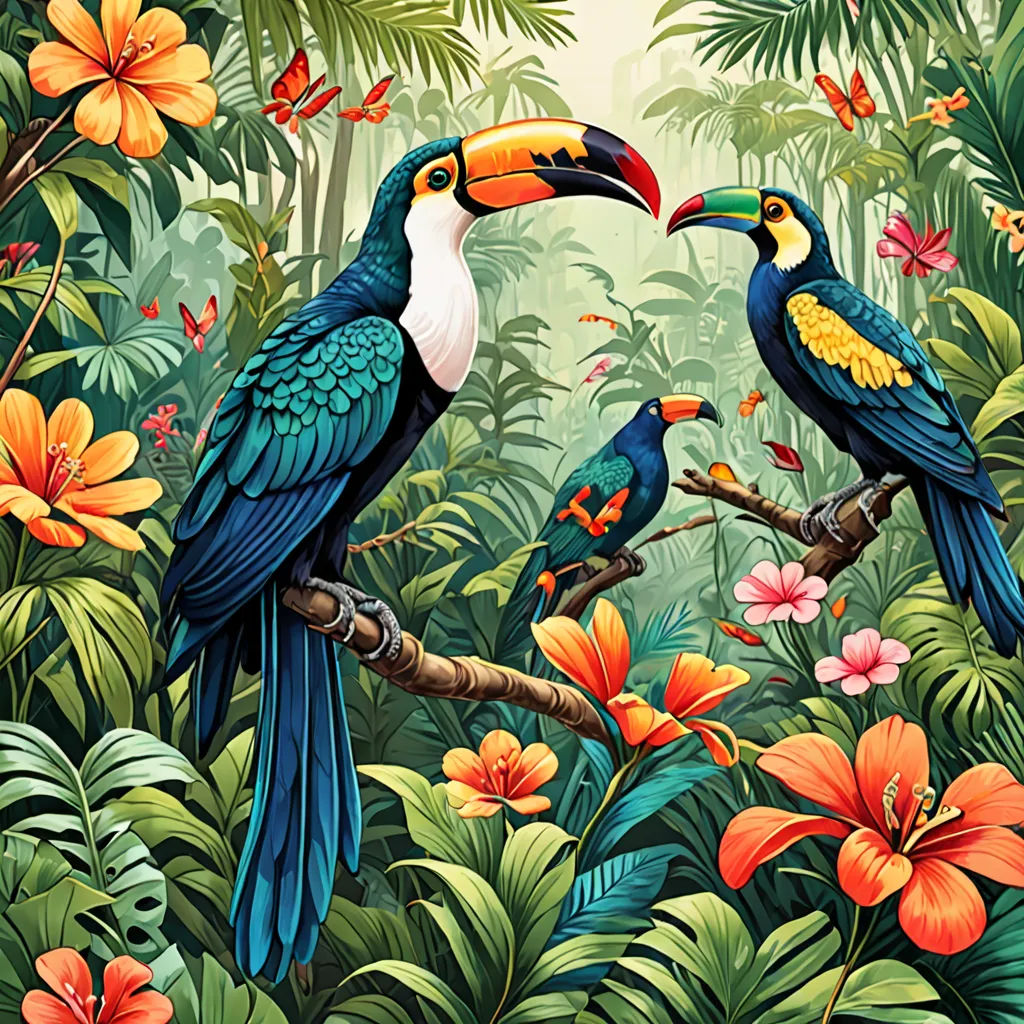 a painting of two birds sitting on a branch in a jungle with flowers and butterflies around them, with a butterfly in the background, psychedelic art, a detailed painting, Chris LaBrooy, highly detailed digital painting