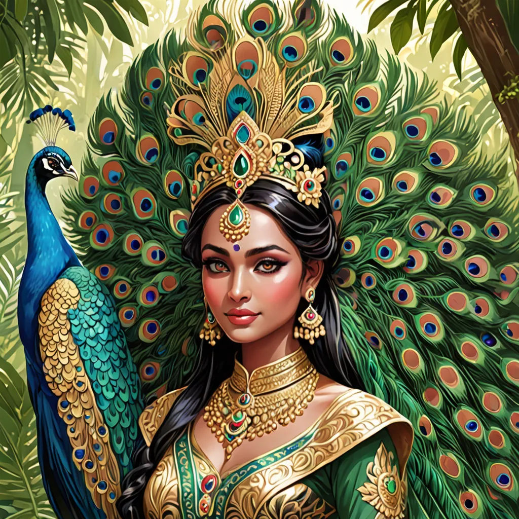 a woman in a green dress holding a peacock in her hand and a peacock on her shoulder, with a tree in the background, fantasy art, a detailed painting, Art of Brom, highly detailed digital painting