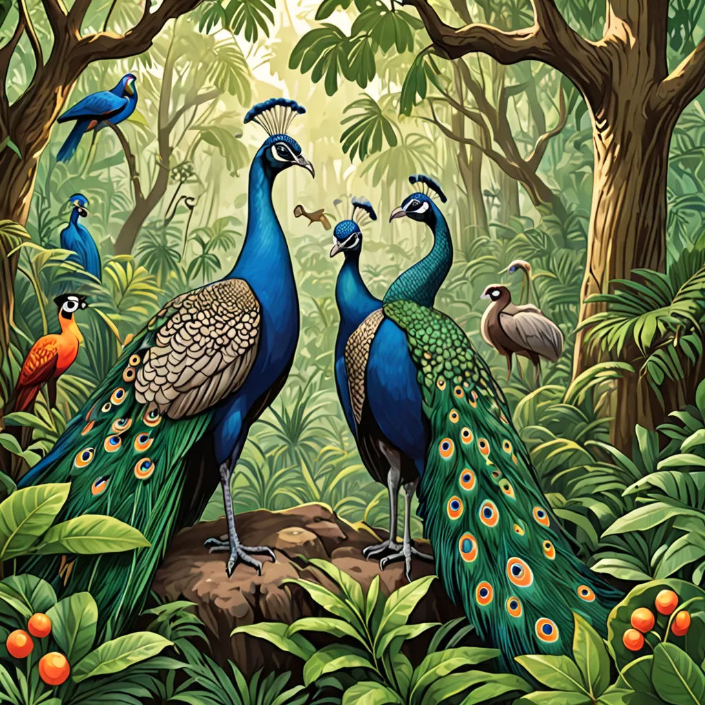 a painting of two peacocks in a forest with trees and berries on the ground and a bird on the ground, fantasy art, a storybook illustration, Chris LaBrooy, highly detailed digital painting