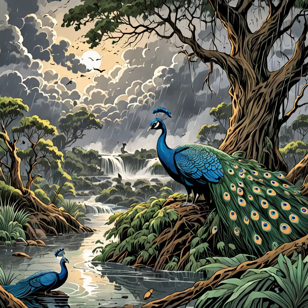 a painting of two peacocks in a forest with a waterfall in the background and a dark sky with clouds, fantasy art, a comic book panel, Dan Mumford, josan gonzales and dan mumford