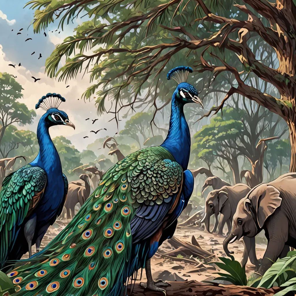 a painting of two peacocks in a forest with elephants in the background and birds in the foreground, primitivism, an illustration of, Chris LaBrooy, highly detailed digital painting
