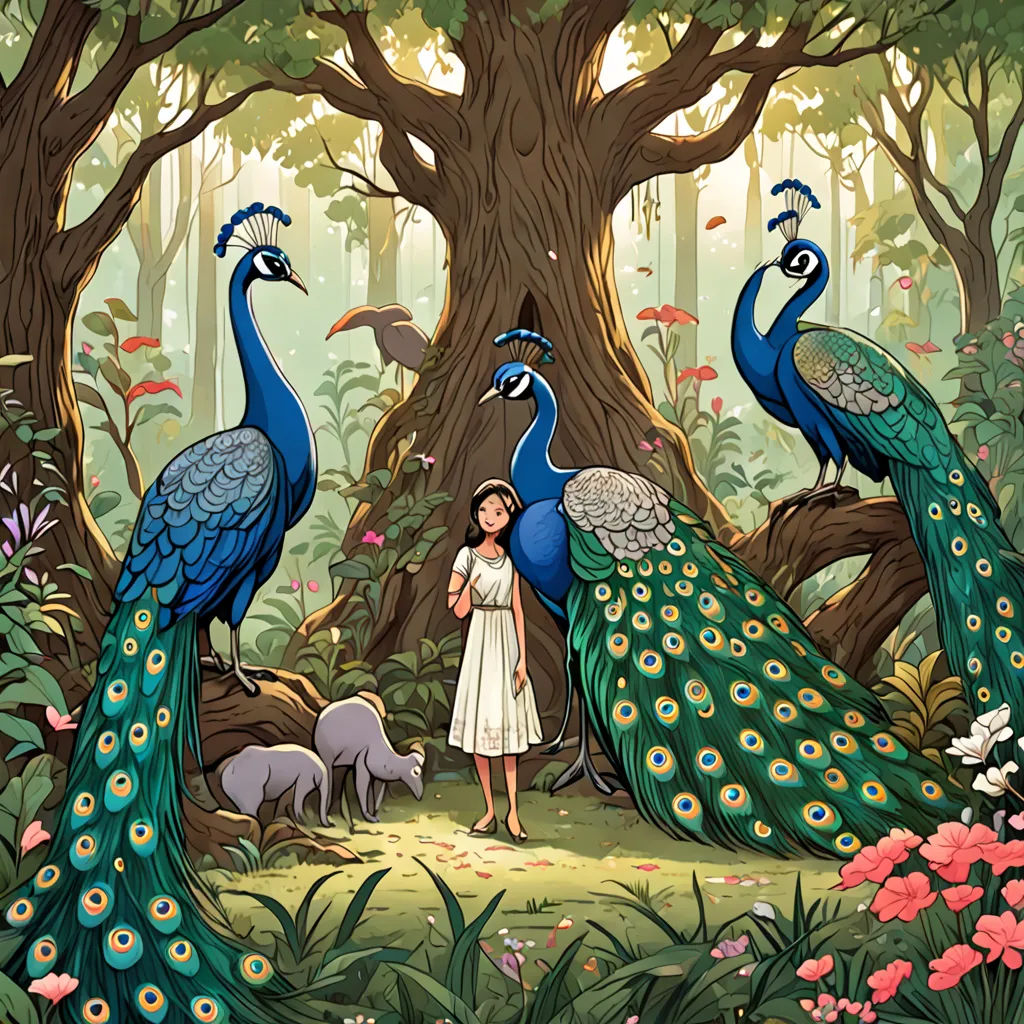 a girl standing in front of two peacocks in a forest with animals around her and a tree with flowers, magical realism, a storybook illustration, Asaf Hanuka, storybook illustration