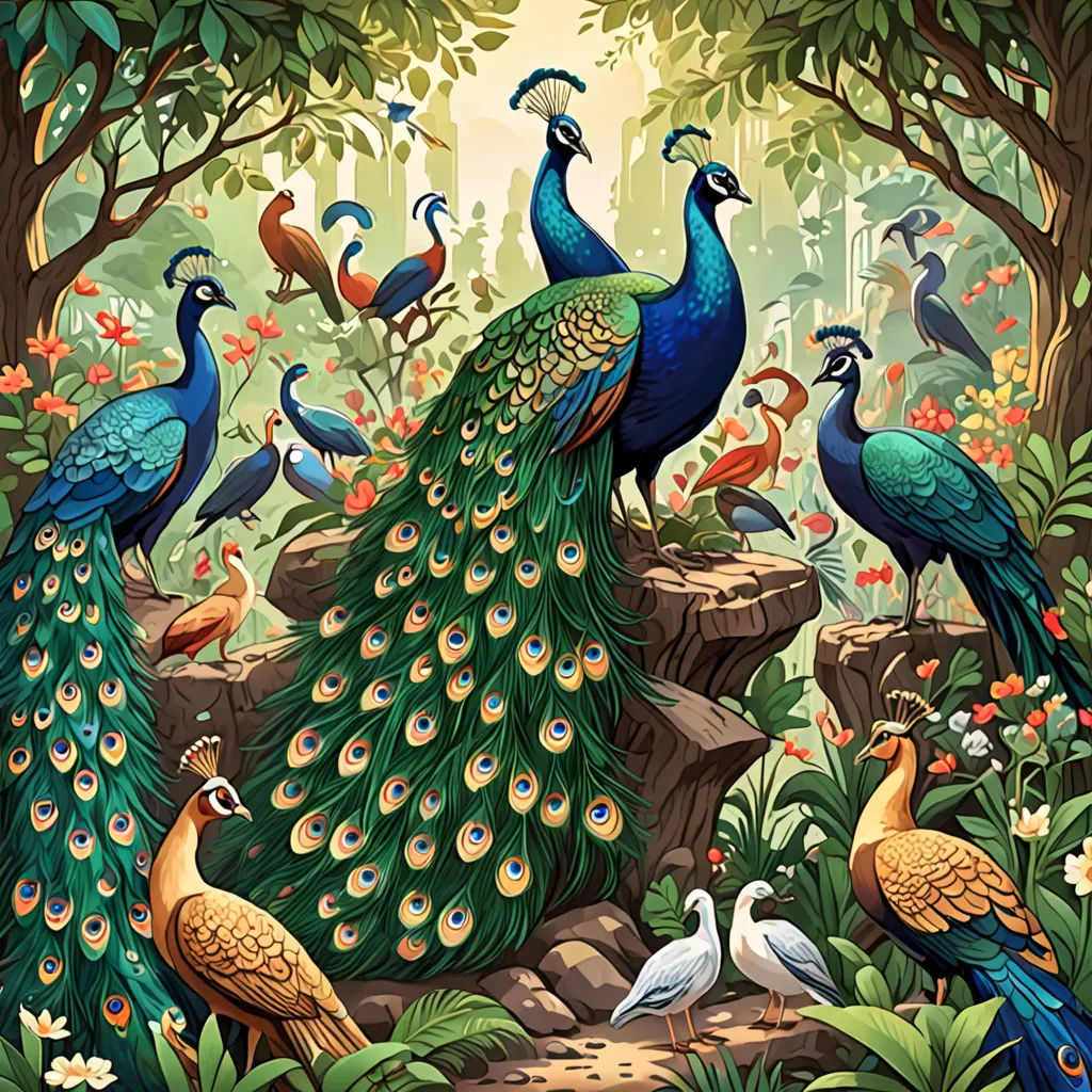 a painting of a group of peacocks in a forest with flowers and trees in the background, with a yellow sky, psychedelic art, a storybook illustration, Chris LaBrooy, highly detailed digital painting