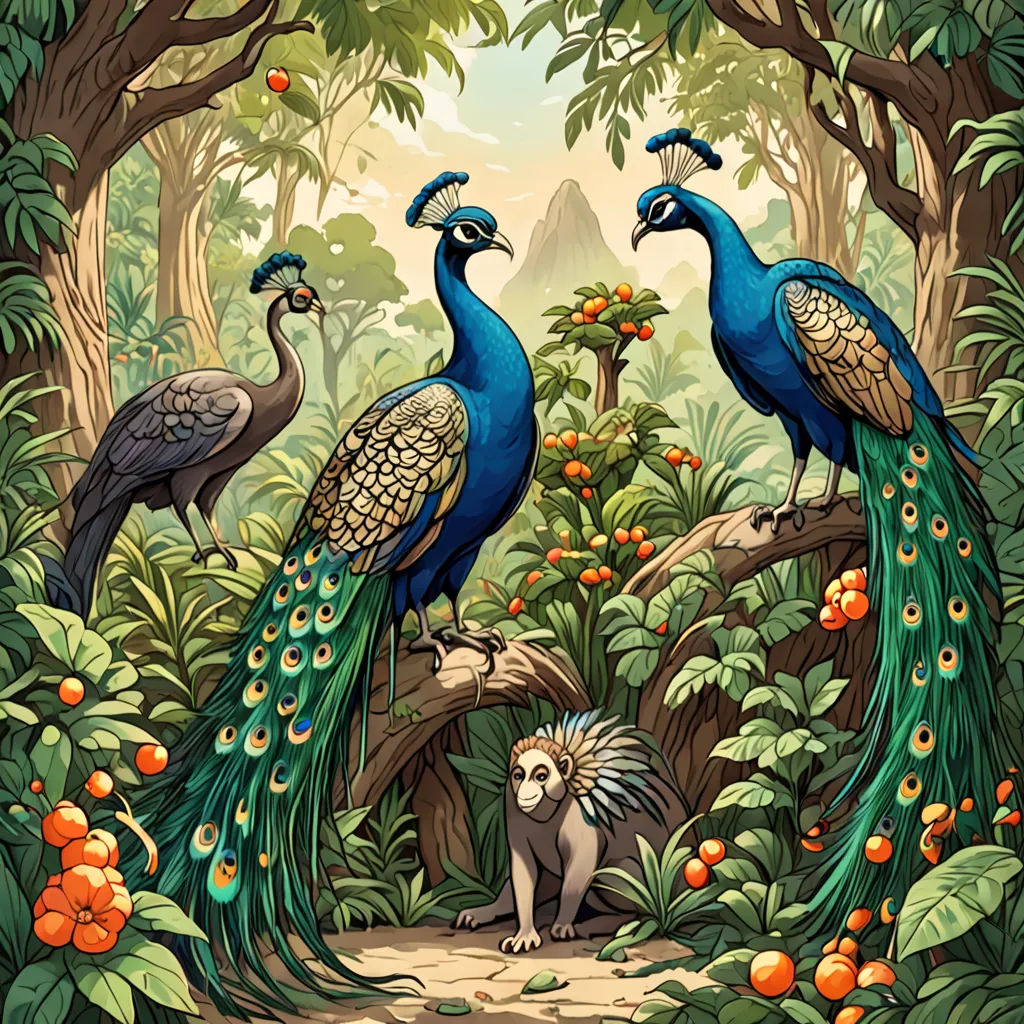 a painting of two peacocks in a forest with oranges and trees in the background and a dog in the foreground, fantasy art, a storybook illustration, Chris LaBrooy, highly detailed digital painting