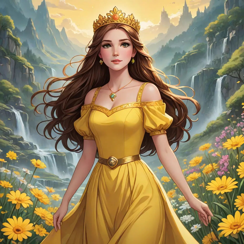 a beautiful young lady in a yellow dress standing in a field of flowers with a waterfall in the background, fantasy art, a character portrait, Anne Stokes, rossdraws global illumination