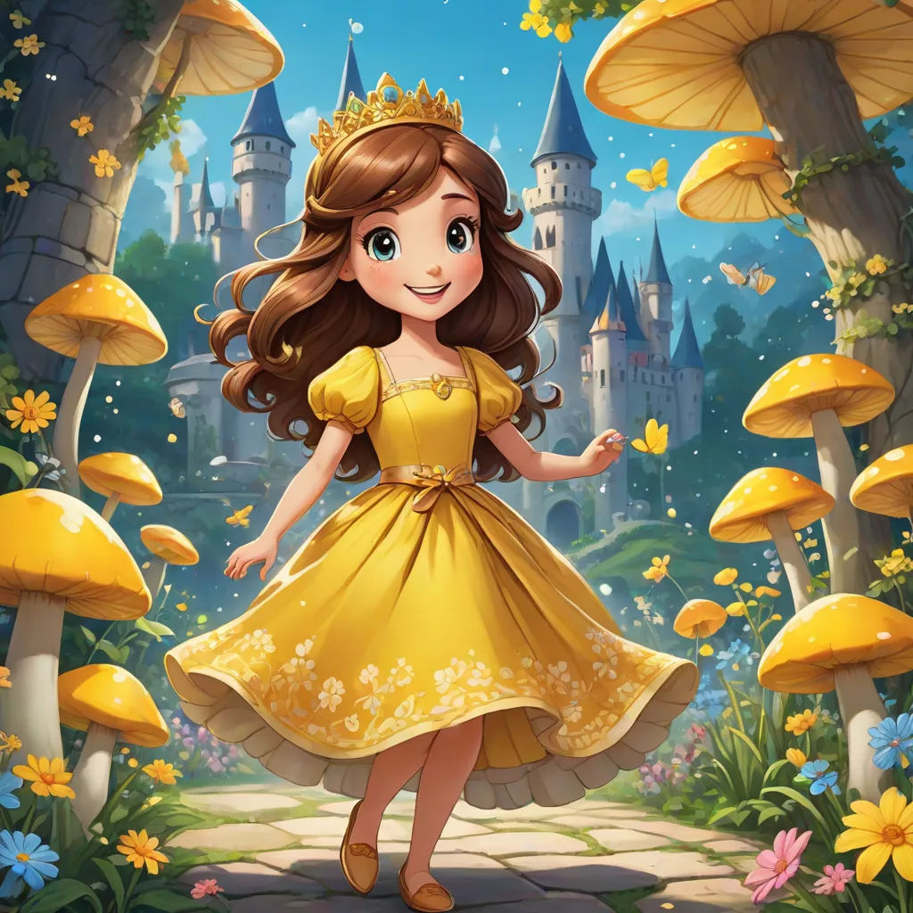 a cartoon girl in a yellow dress walking through a forest with mushrooms and flowers on the ground and a castle in the background, fantasy art, a storybook illustration, Alice Prin, official art