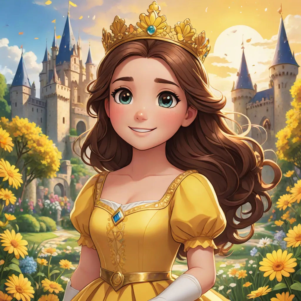 a cartoon character in a yellow dress standing in front of a castle with a sunflower field and flowers, sots art, a character portrait, disney, rossdraws global illumination