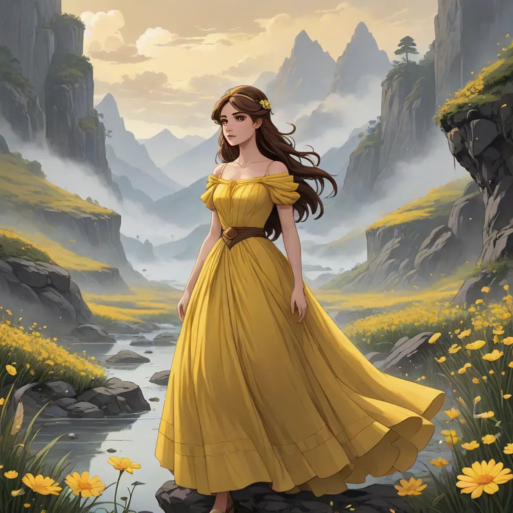 a woman in a yellow dress standing in a field of flowers near a stream of water and mountains in the background, fantasy art, a detailed painting, Christophe Vacher, magic the gathering artwork