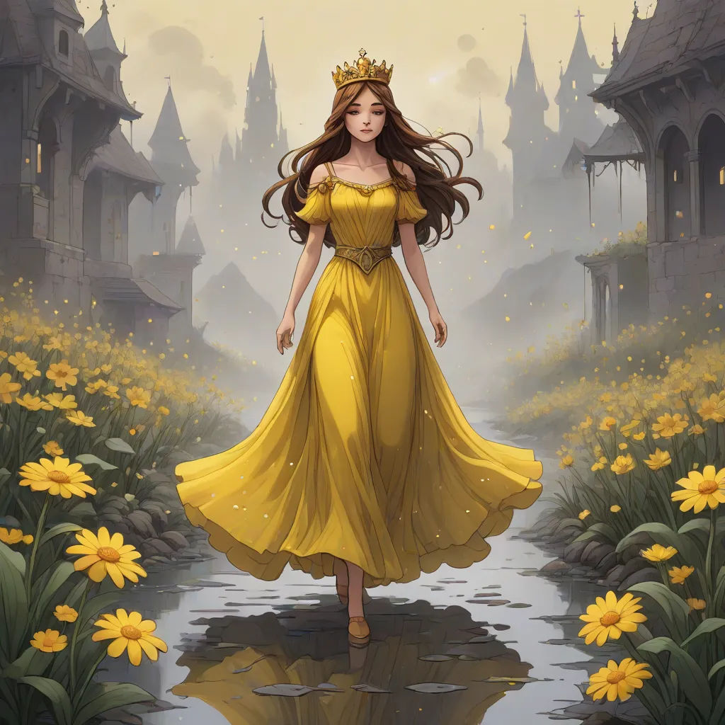 a woman in a yellow dress is walking through a flower garden with a castle in the background and a stream of water, fantasy art, a storybook illustration, Anne Stokes, rossdraws global illumination