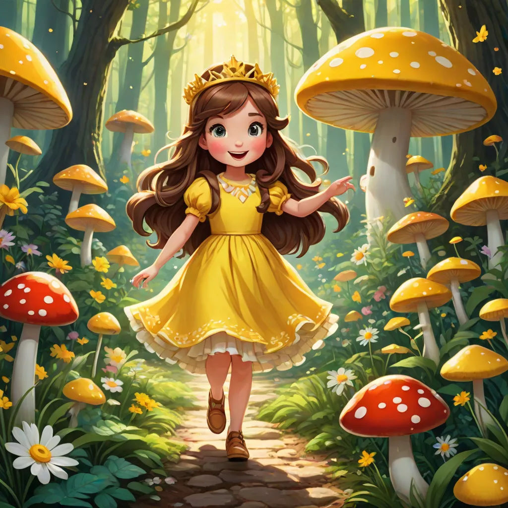 a girl in a yellow dress is walking through a forest with mushrooms and mushrooms on the ground, and a yellow crown on her head, fantasy art, a storybook illustration, Alice Prin, storybook illustration