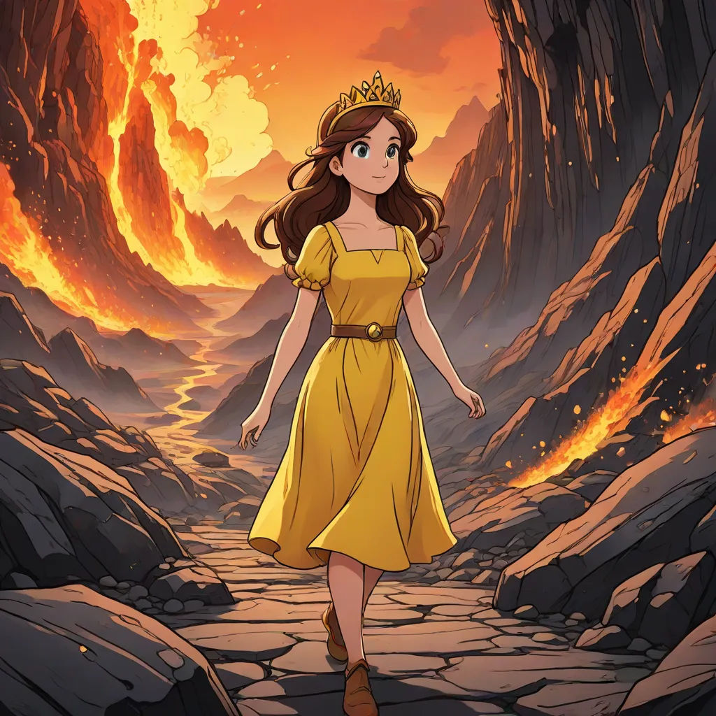 a cartoon of a woman in a yellow dress walking through a rocky area with a fire in the background, sots art, concept art, disney, official art