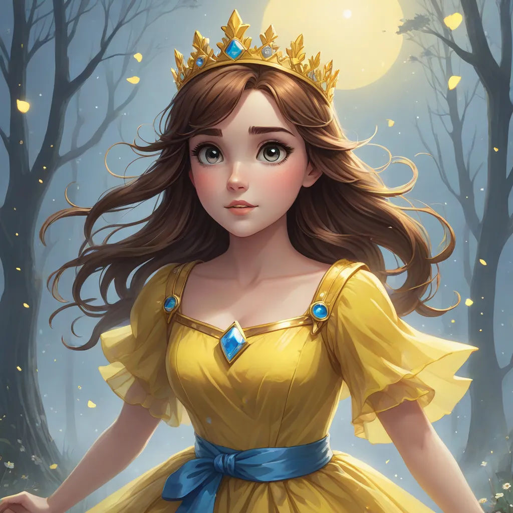 a painting of a girl in a yellow dress with a tiara on her head and a forest background, fantasy art, a detailed painting, Artgerm, rossdraws global illumination