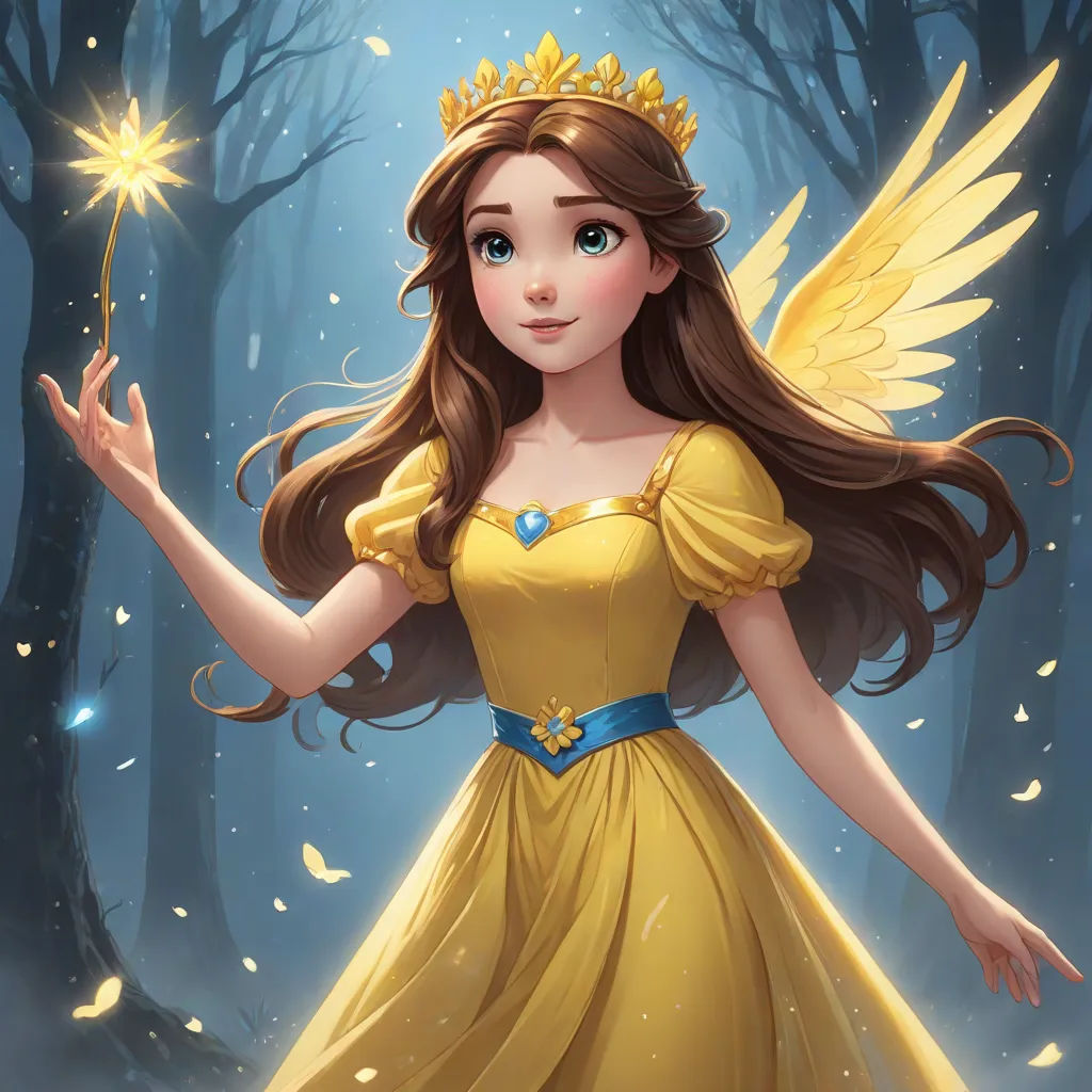 a beautiful young lady dressed in a yellow dress holding a star in her hand and a forest background with falling leaves, fantasy art, a storybook illustration, disney, rossdraws global illumination