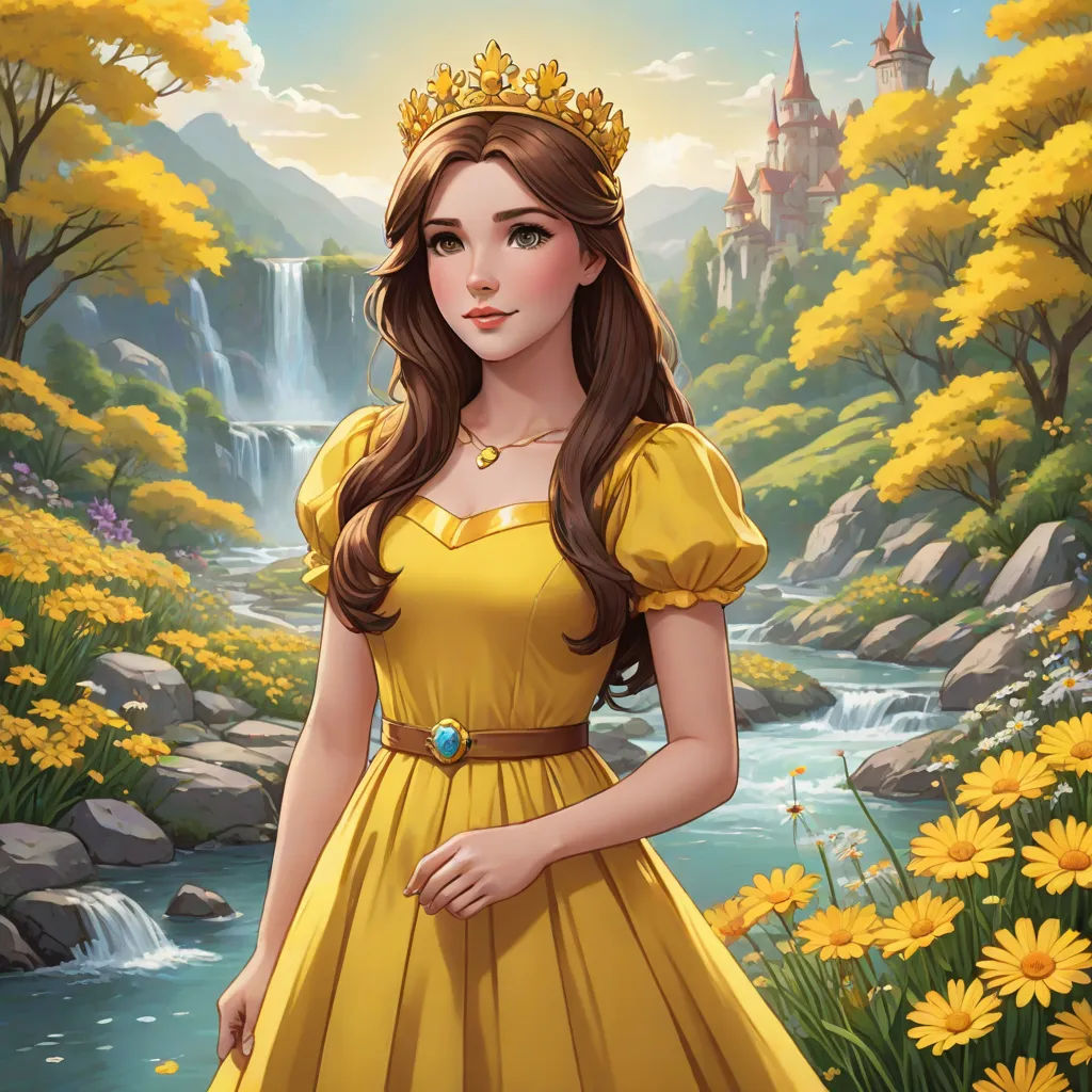 a beautiful young lady in a yellow dress standing in front of a waterfall and flowers with a castle in the background, fantasy art, a character portrait, disney, official art