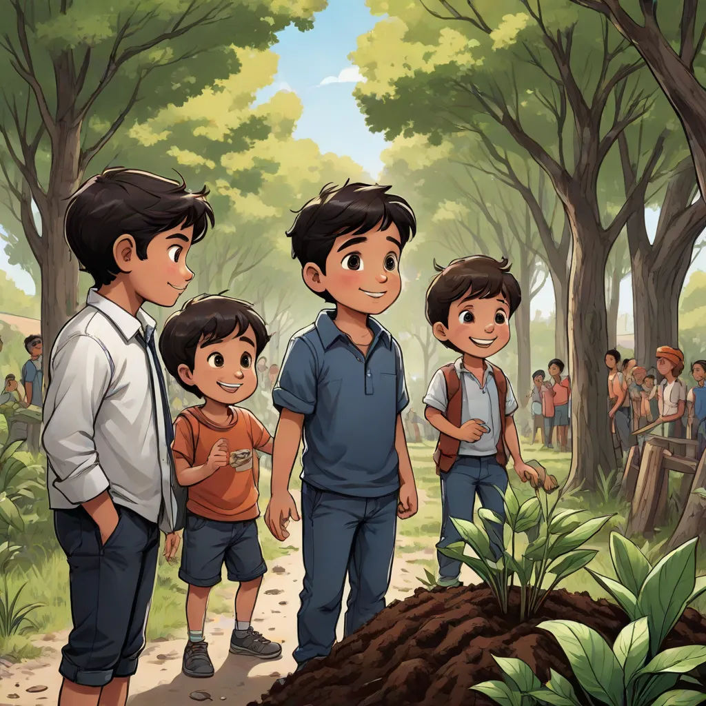 a group of people standing in a forest next to a tree filled forest with people standing around it and looking at the ground, serial art, a storybook illustration, Fernando Amorsolo, comic cover art