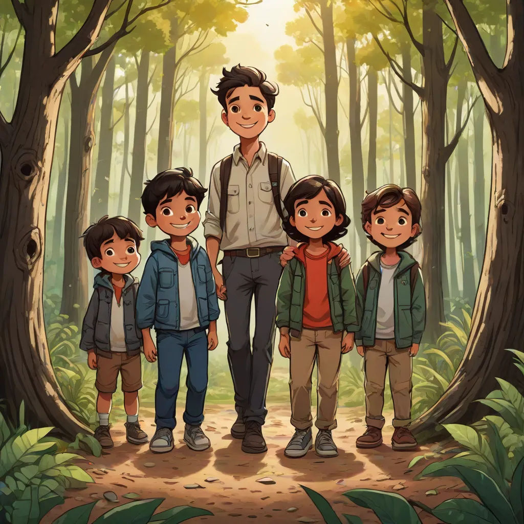 a man standing with five children in a forest with a sun shining through the trees behind him and a forest background, serial art, concept art, Diego Gisbert Llorens, key art