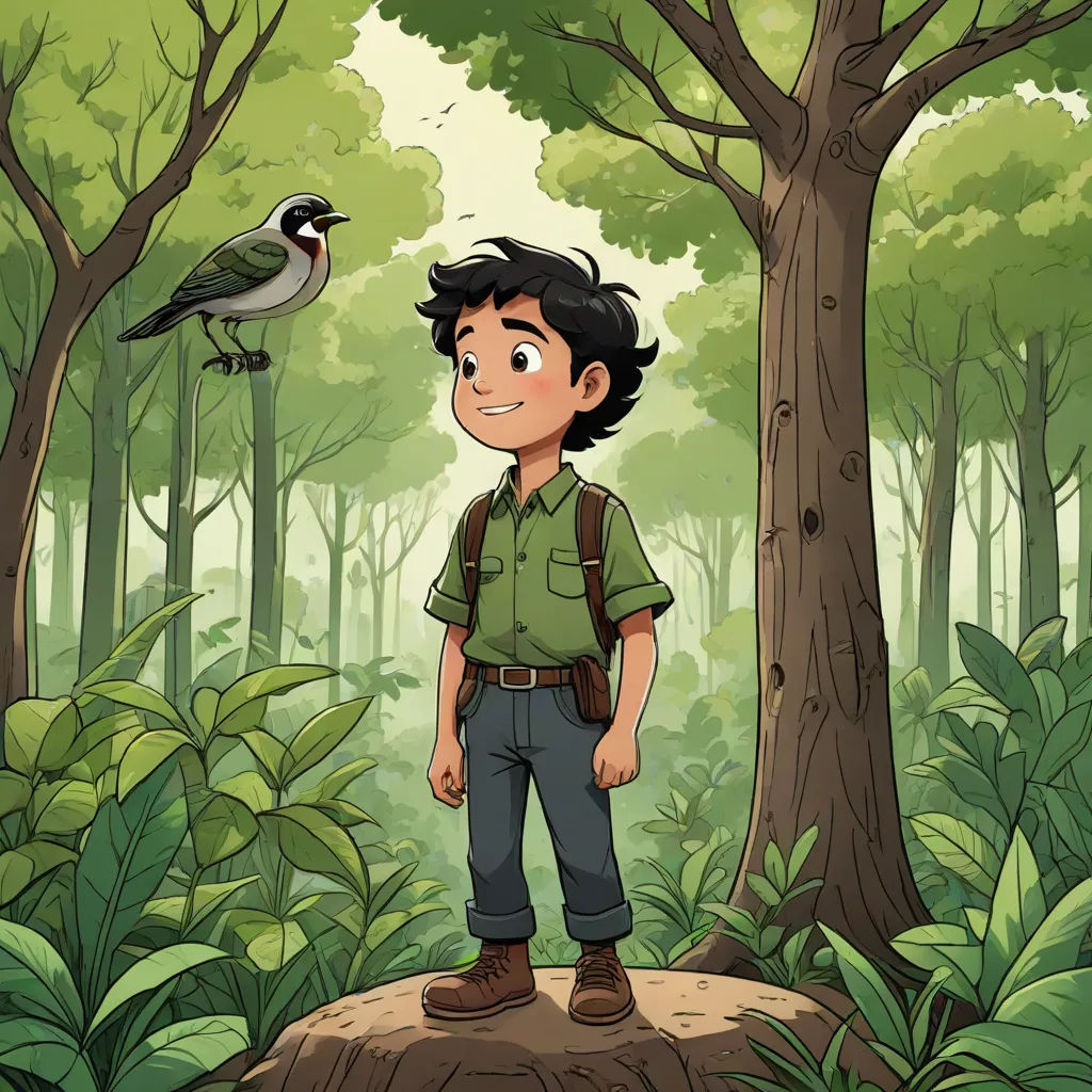 a boy standing in the middle of a forest with a bird on his shoulder and a bird on his shoulder, environmental art, a character portrait, Diego Gisbert Llorens, graphic novel