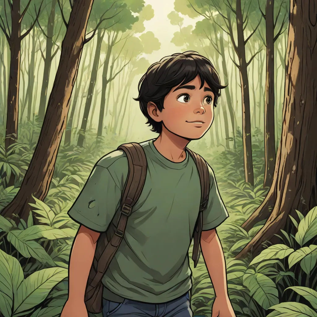 a boy in a forest with a backpack on his back and a forest background with trees and ferns on the ground, process art, a character portrait, Aaron Jasinski, comic cover art