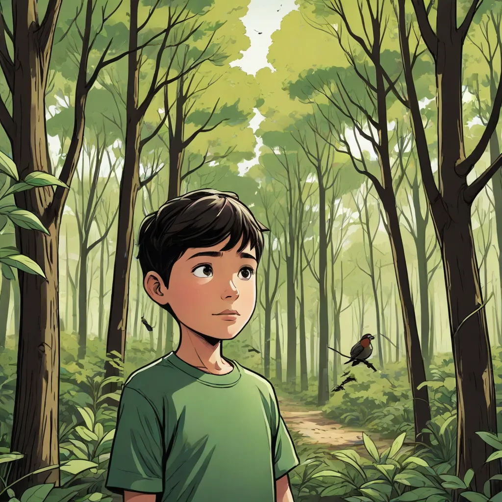a boy standing in the middle of a forest with a bird flying overhead and a bird flying overhead in the distance, environmental art, a comic book panel, Asaf Hanuka, comic cover art