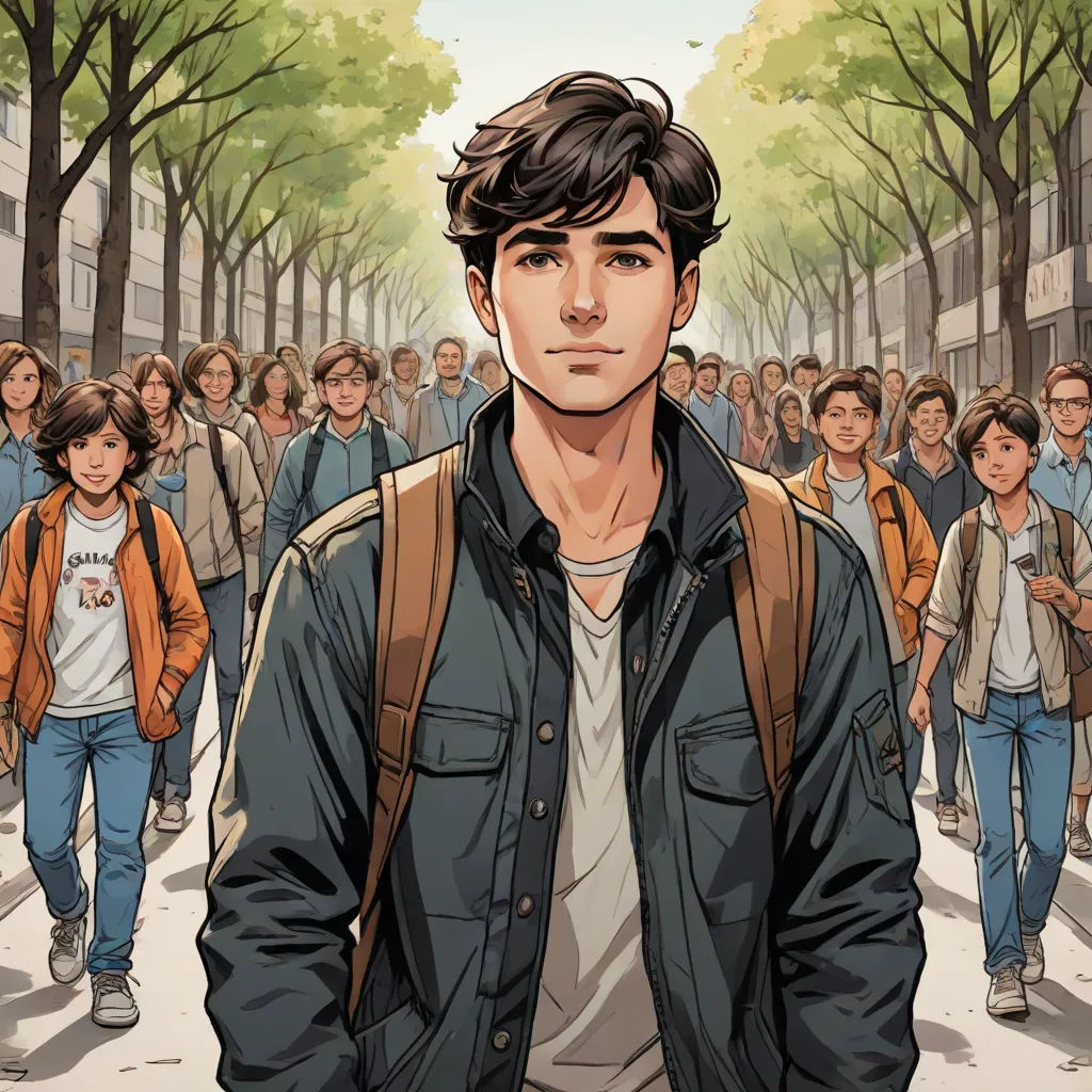 a man in a blue jacket is standing in front of a crowd of people on a street with trees, les automatistes, a comic book panel, Cedric Seaut (Keos Masons), comic cover art