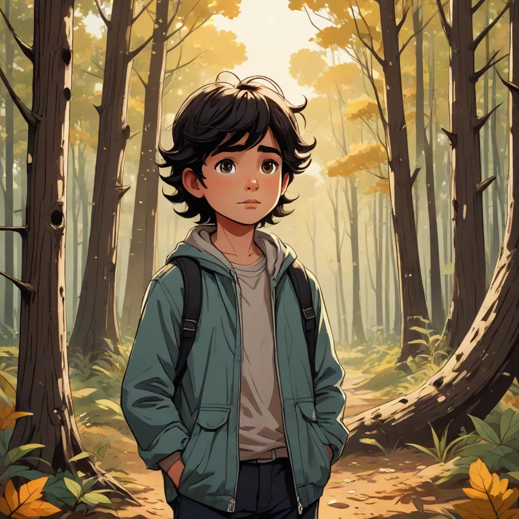 a boy standing in a forest with trees and leaves around him, looking at the camera with a serious look on his face, serial art, a comic book panel, Cedric Seaut (Keos Masons), rossdraws global illumination